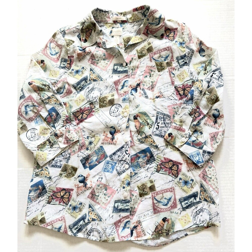 Chicos No-Iron Linen Postage Stamp Top Size 1 Medium Resortwear Vacation Travel